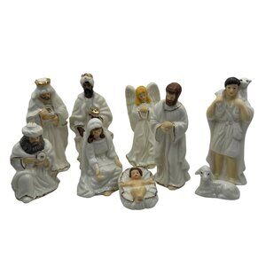 9-Piece Fine Porcelain Nativity Figurine Set Wisemen Joseph Mary Baby Jesus